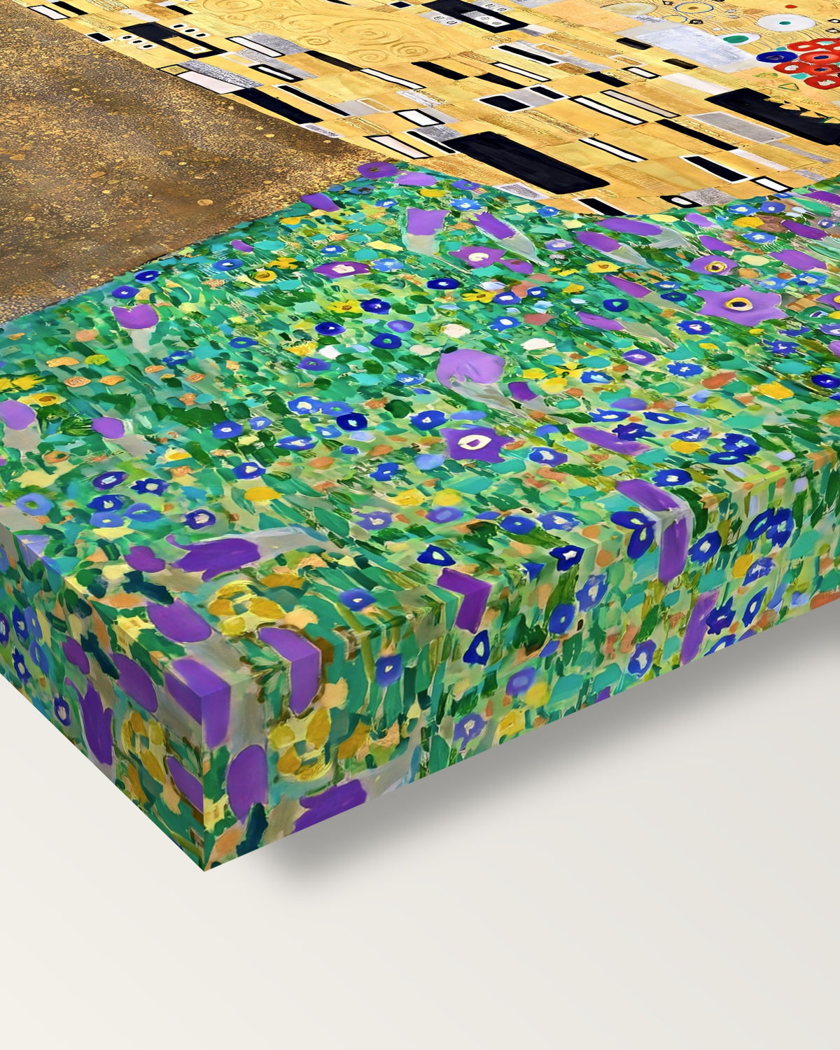The Kiss by Gustav Klimt on stretched canvas, corner close-up: the painting mirror-wrapped round the sides