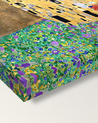 The Kiss by Gustav Klimt on stretched canvas, corner close-up: the painting mirror-wrapped round the sides