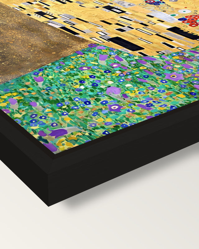 The Kiss by Gustav Klimt framed canvas, corner close-up: a black floating frame with a shadow gap round the canvas