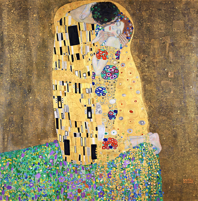 The Kiss by Gustav Klimt: a couple embracing in golden patterned robes on a flowered meadow against a gold background