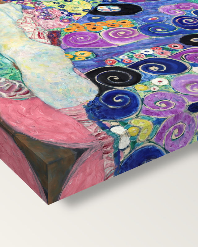 The Maiden by Gustav Klimt on stretched canvas, corner close-up: the painting mirror-wrapped round the sides