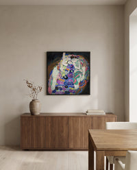 The Maiden by Gustav Klimt in a black frame above a walnut sideboard in a dining room