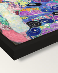 The Maiden by Gustav Klimt framed canvas, corner close-up: a black floating frame with a shadow gap round the canvas