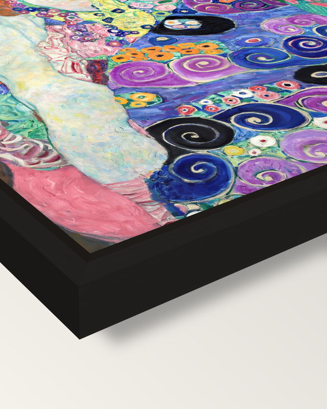 The Maiden by Gustav Klimt framed canvas, corner close-up: a black floating frame with a shadow gap round the canvas