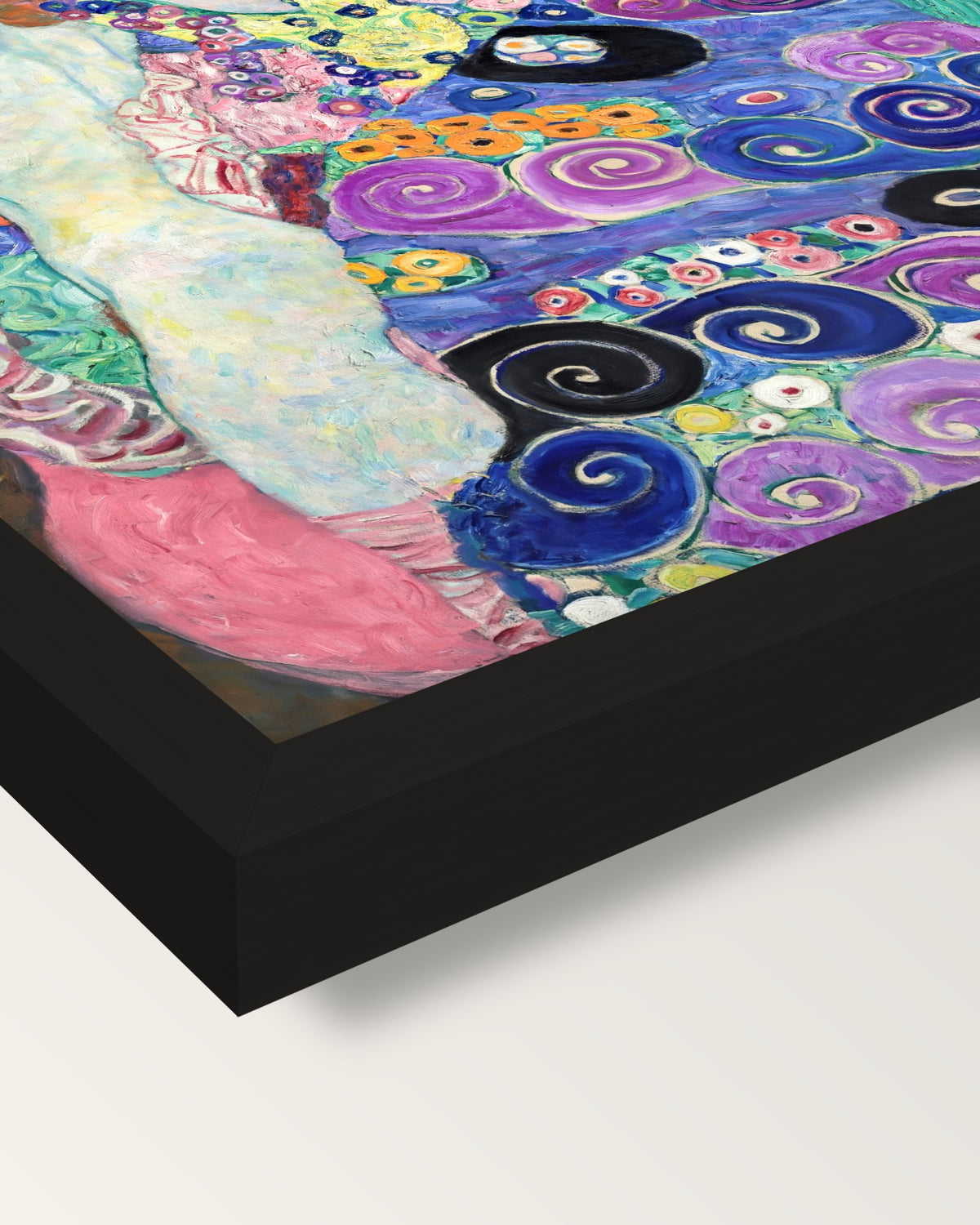 The Maiden by Gustav Klimt framed print, corner close-up: black moulding, mitred, the print set just below its edge