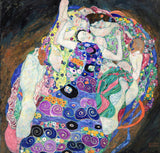 The Maiden by Gustav Klimt: sleeping women curled together in a swirl of blue, violet and pink patterned cloth on dark