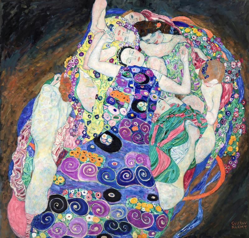 The Maiden by Gustav Klimt: sleeping women curled together in a swirl of blue, violet and pink patterned cloth on dark