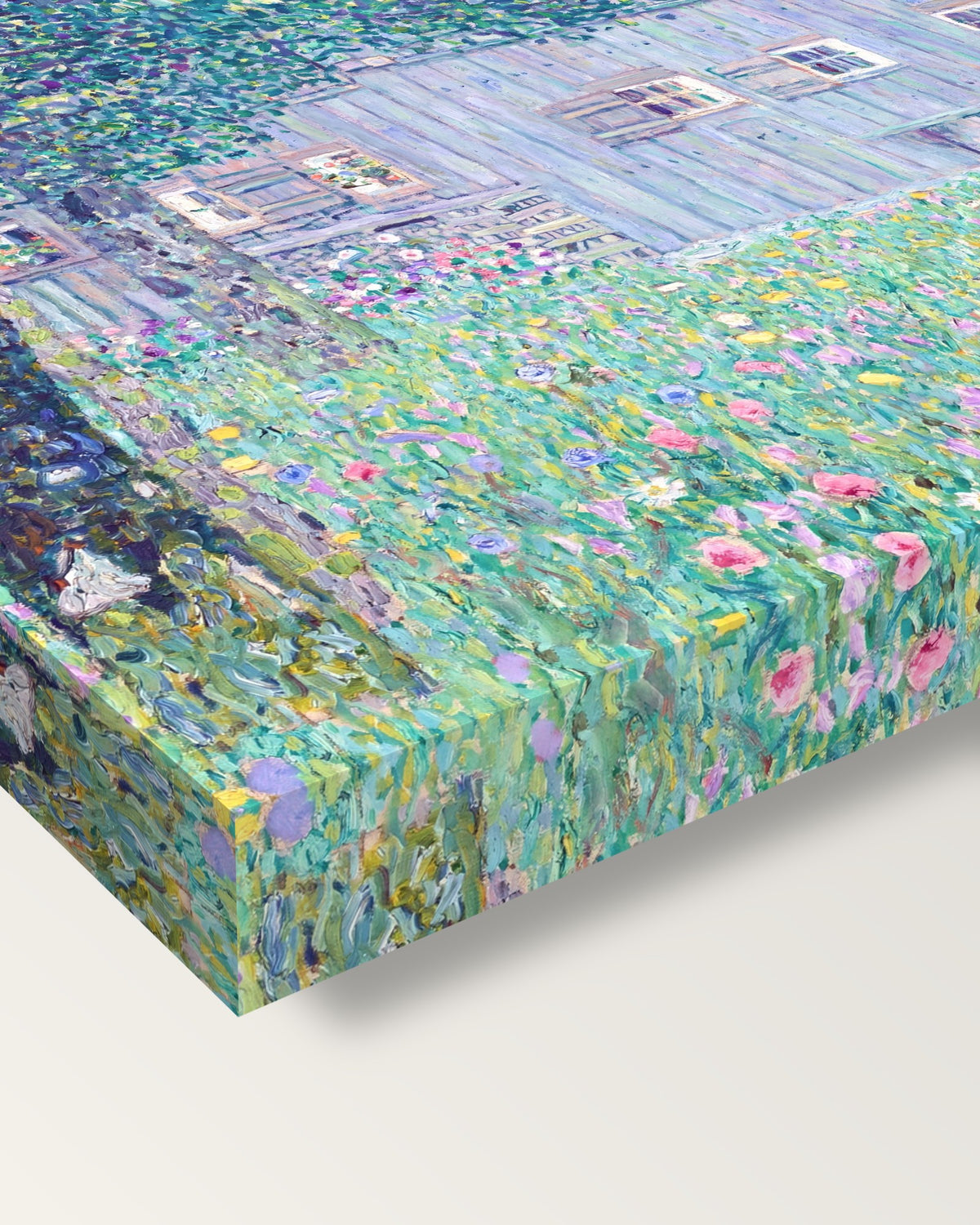 Upper Austrian Farmhouse by Gustav Klimt on stretched canvas, corner close-up: the painting mirror-wrapped round the sides