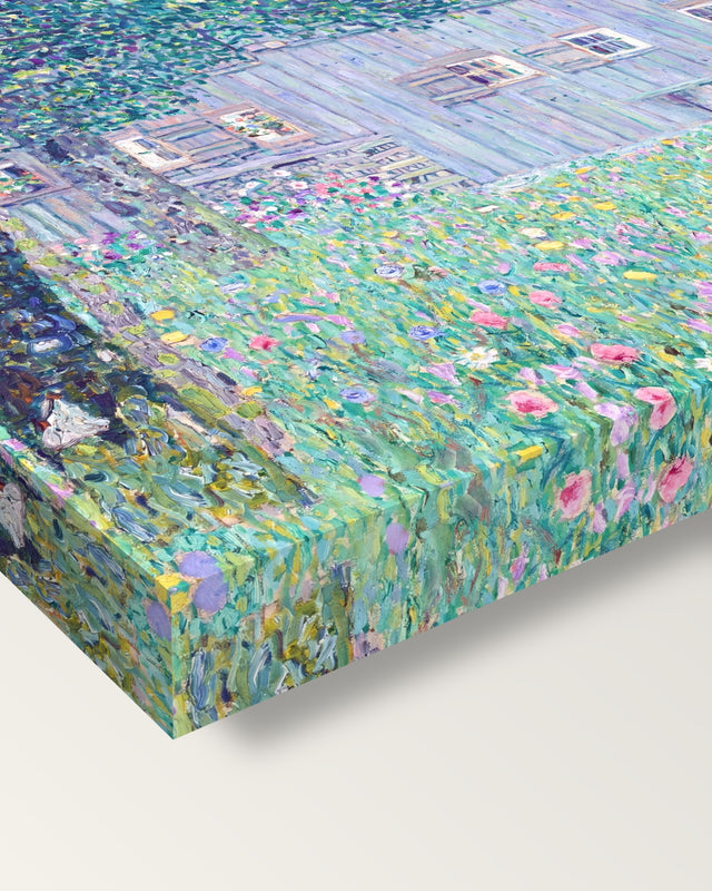 Upper Austrian Farmhouse by Gustav Klimt on stretched canvas, corner close-up: the painting mirror-wrapped round the sides