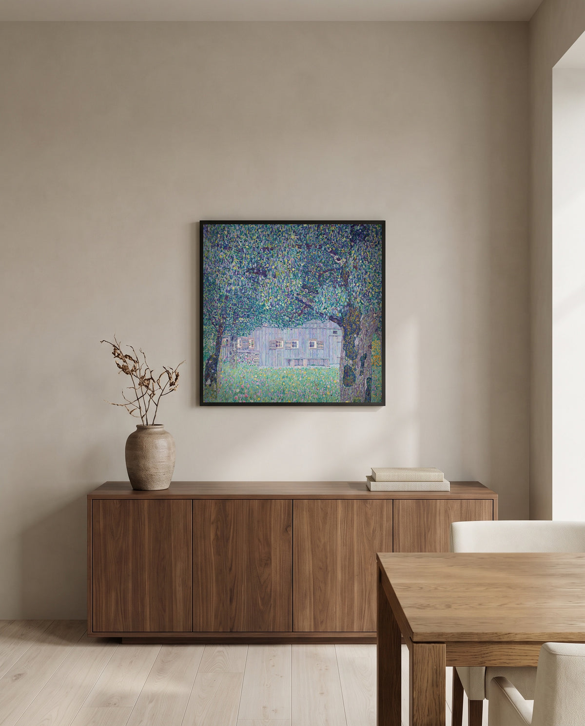 Upper Austrian Farmhouse by Gustav Klimt in a black frame above a walnut sideboard in a dining room