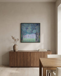 Upper Austrian Farmhouse by Gustav Klimt in a black frame above a walnut sideboard in a dining room