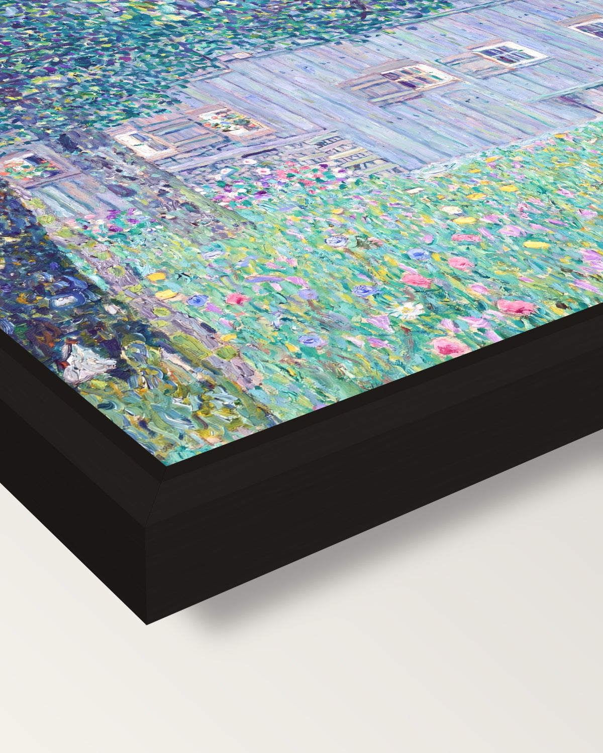 Upper Austrian Farmhouse by Klimt framed canvas, corner close-up: a black floating frame with a shadow gap round the canvas