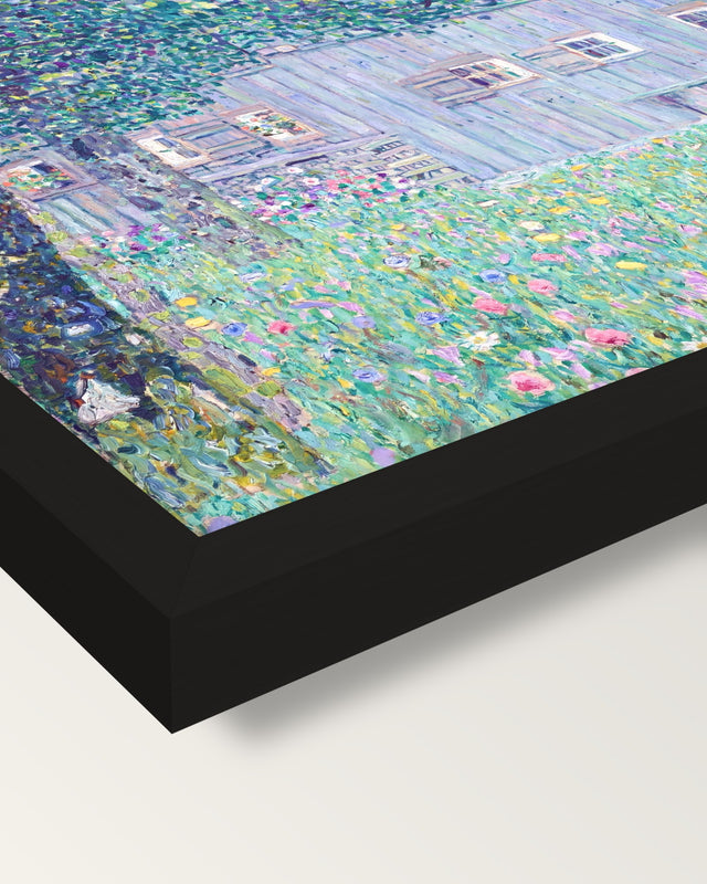 Upper Austrian Farmhouse by Klimt framed print, corner close-up: black moulding, mitred, the print set just below its edge