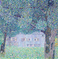 Upper Austrian Farmhouse by Gustav Klimt: a farmhouse with blue-violet wooden boards among trees and a flowering meadow