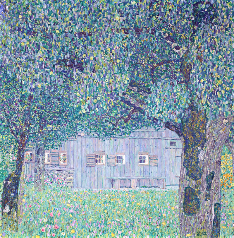 Upper Austrian Farmhouse by Gustav Klimt: a farmhouse with blue-violet wooden boards among trees and a flowering meadow