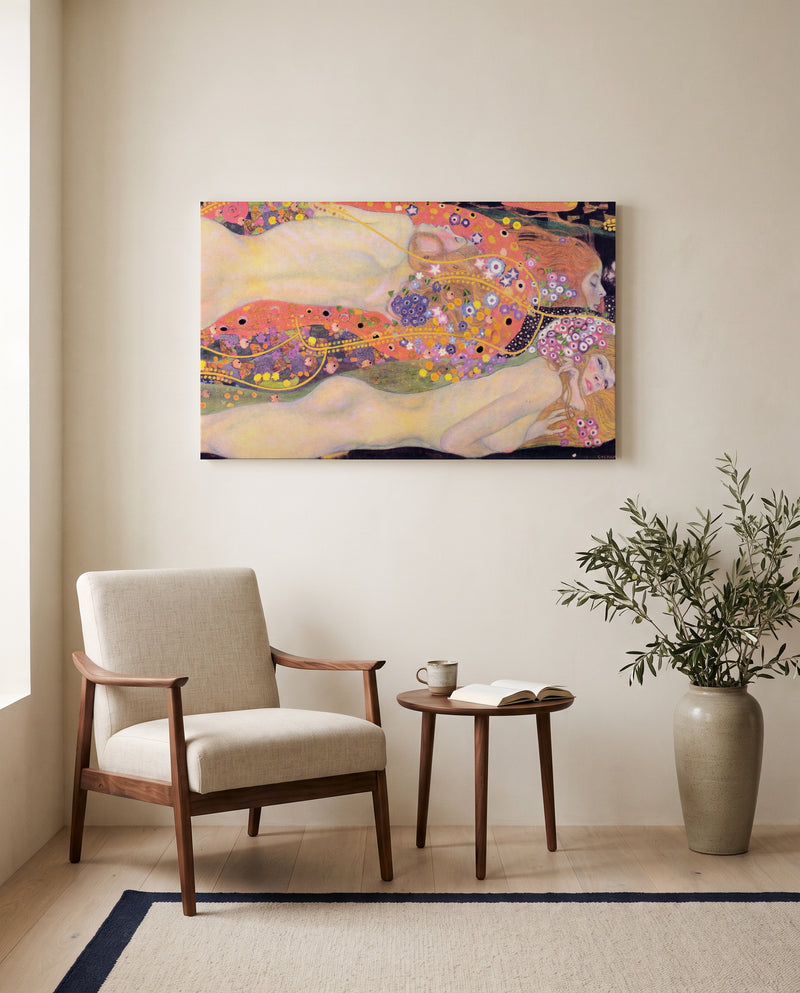 Water Serpents II by Gustav Klimt as a stretched canvas above a linen lounge chair in a reading corner