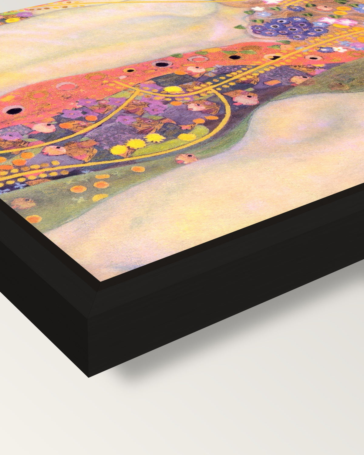 Water Serpents II by Gustav Klimt framed canvas, corner close-up: a black floating frame with a shadow gap round the canvas