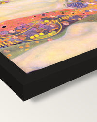 Water Serpents II by Gustav Klimt framed print, corner close-up: black moulding, mitred, the print set just below its edge