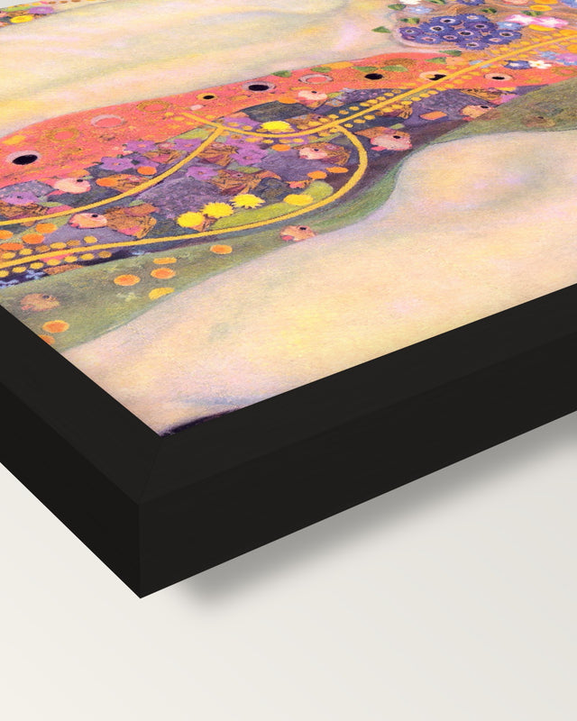 Water Serpents II by Gustav Klimt framed print, corner close-up: black moulding, mitred, the print set just below its edge