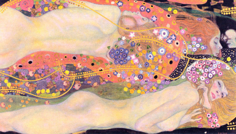 Water Serpents II by Gustav Klimt: pale nymphs lying among red and gold patterned ornament, faces at the right