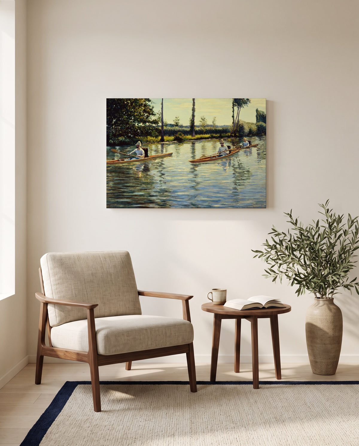 Boating on the Yerres by Gustave Caillebotte as a stretched canvas above a linen lounge chair in a reading corner