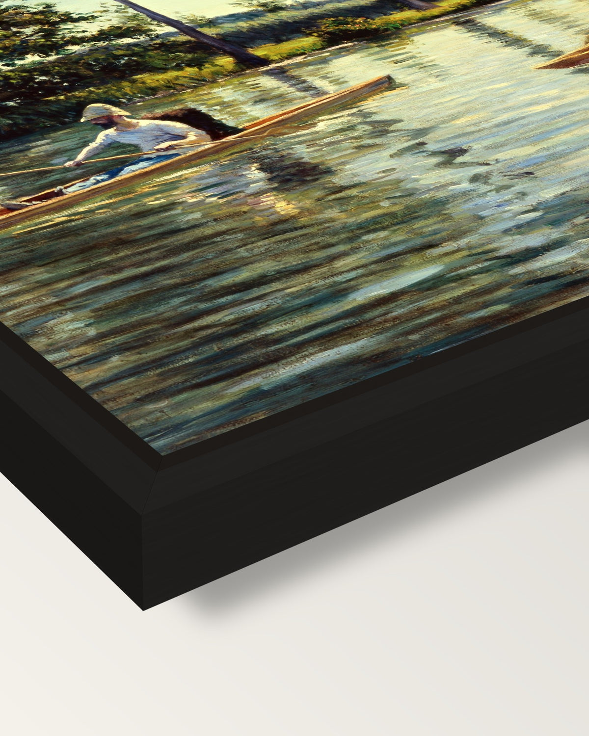 Boating on the Yerres framed canvas, corner close-up: a black floating frame with a shadow gap round the canvas