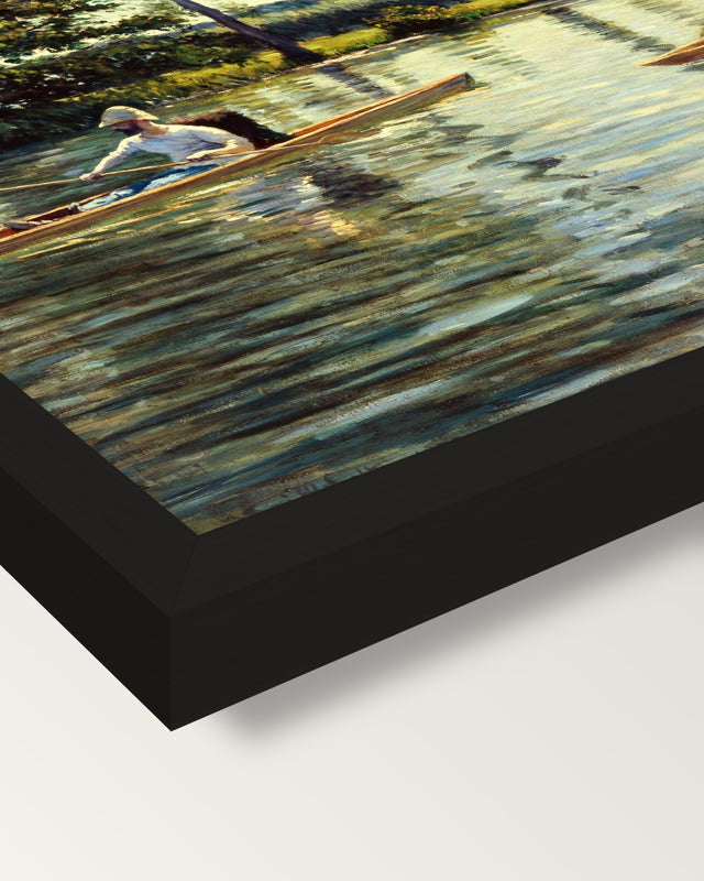 Boating on the Yerres by Caillebotte framed print, corner close-up: black moulding, mitred, the print set just below its edge