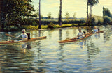 Boating on the Yerres by Caillebotte: three men in slim wooden skiffs gliding on a green river under tall trees