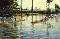 Boating on the Yerres by Caillebotte: three men in slim wooden skiffs gliding on a green river under tall trees