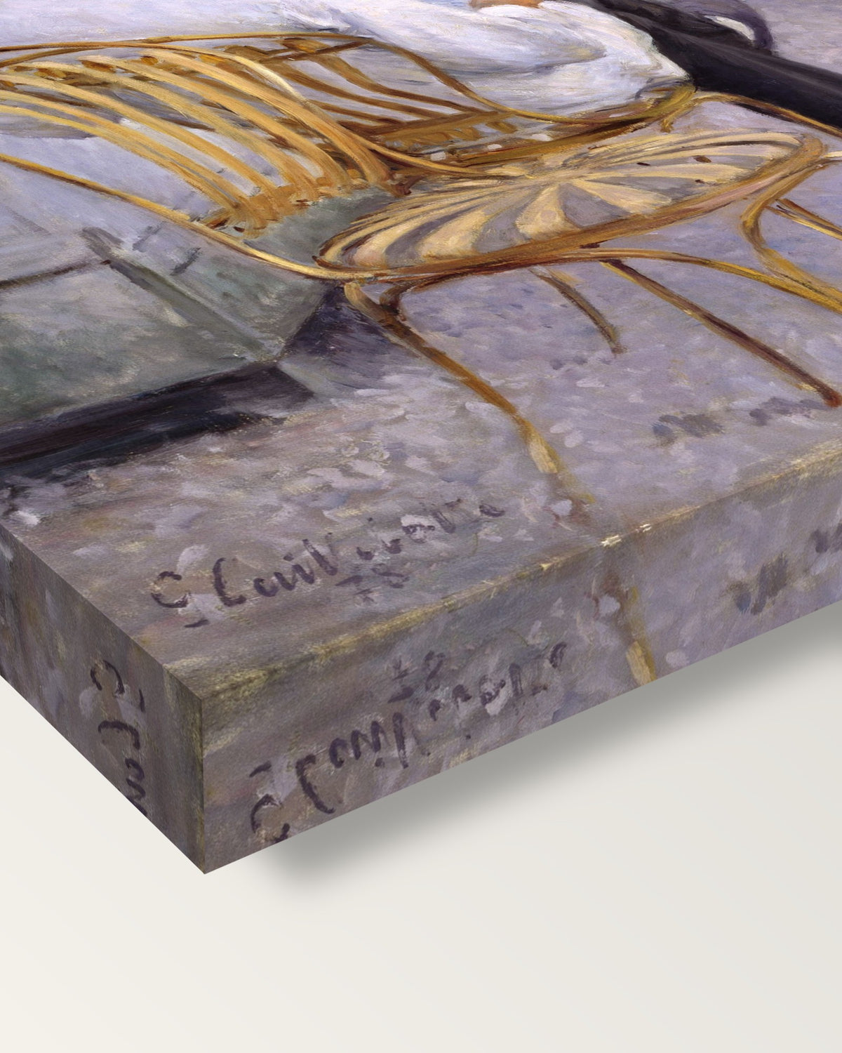 The Orange Trees by Gustave Caillebotte on stretched canvas, corner close-up: the painting mirror-wrapped round the sides