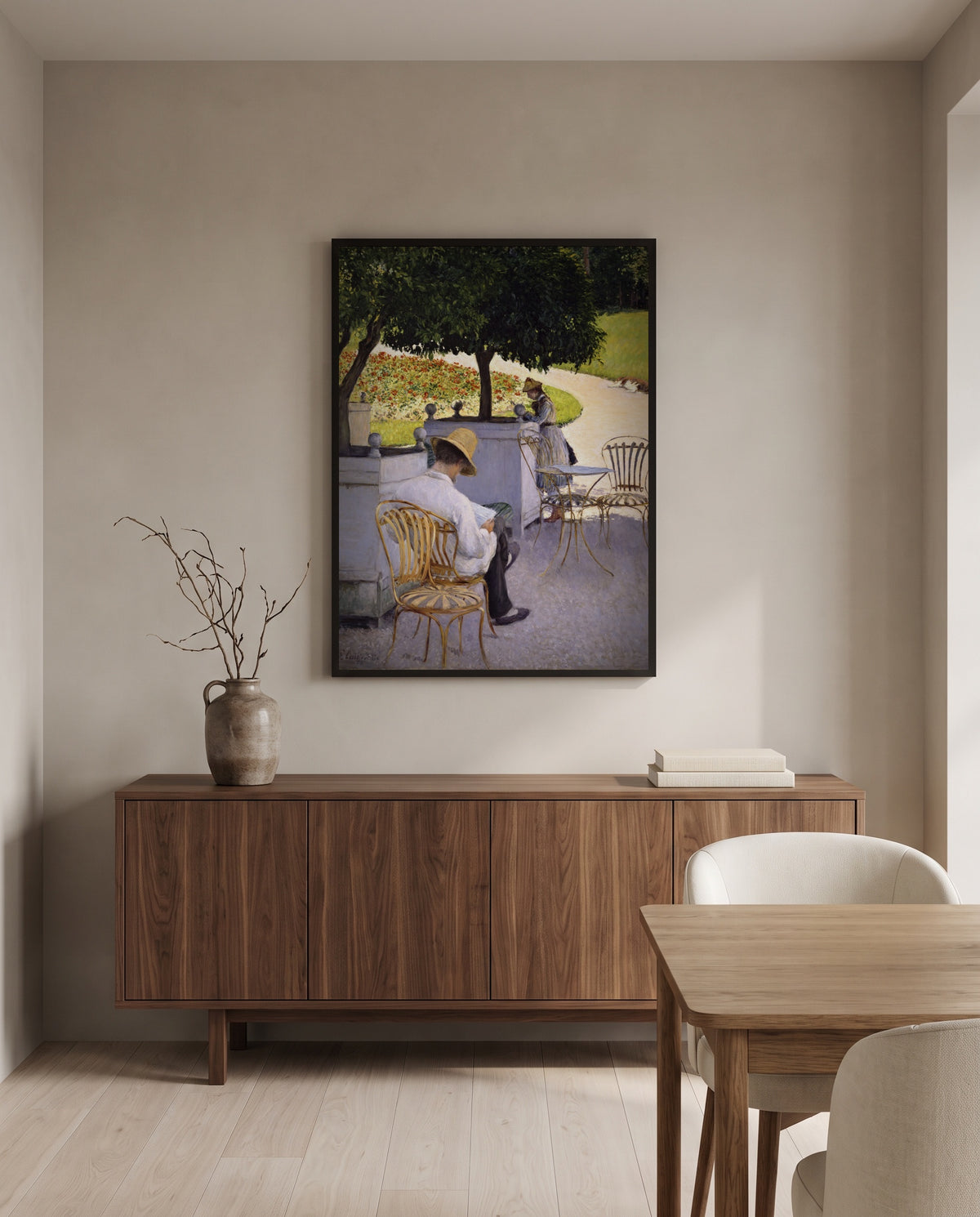 The Orange Trees by Gustave Caillebotte in a black frame above a walnut sideboard in a dining room