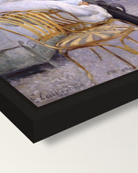 The Orange Trees by Caillebotte framed canvas, corner close-up: a black floating frame with a shadow gap round the canvas