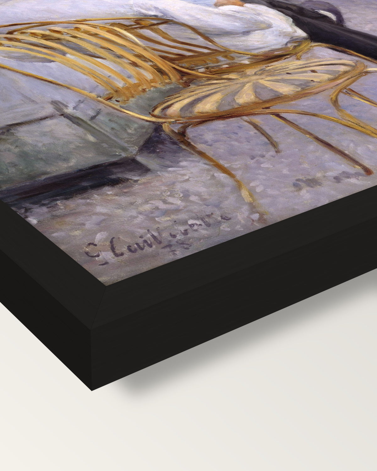 The Orange Trees by Caillebotte framed print, corner close-up: black moulding, mitred, the print set just below its edge