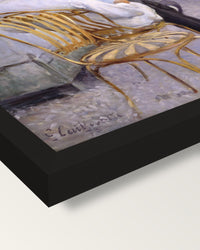 The Orange Trees by Caillebotte framed print, corner close-up: black moulding, mitred, the print set just below its edge