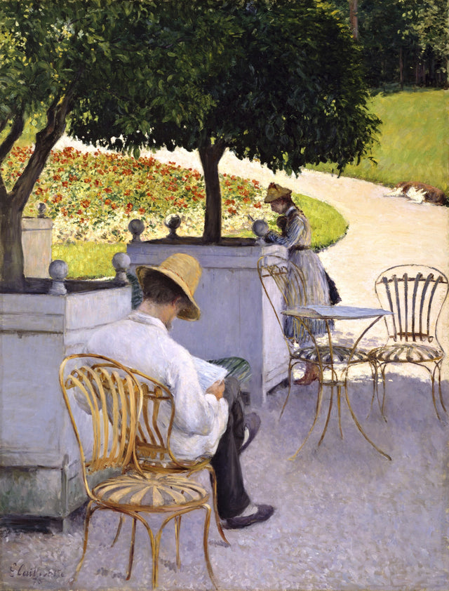 The Orange Trees by Caillebotte: a man in a straw hat reading in the shade of orange trees, a sunny garden and a woman behind