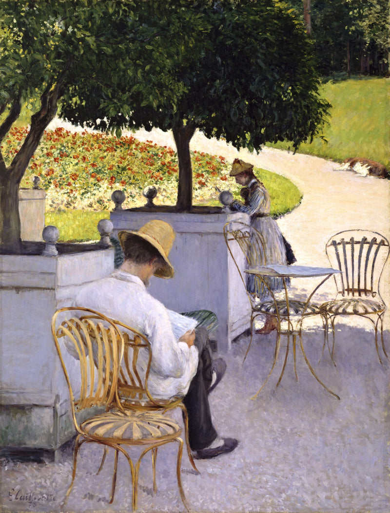 The Orange Trees by Caillebotte: a man in a straw hat reading in the shade of orange trees, a sunny garden and a woman behind