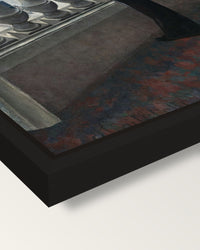 Young Man at His Window framed canvas, corner close-up: a black floating frame with a shadow gap round the canvas