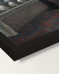 Young Man at His Window framed print, corner close-up: black moulding, mitred, the print set just below its edge