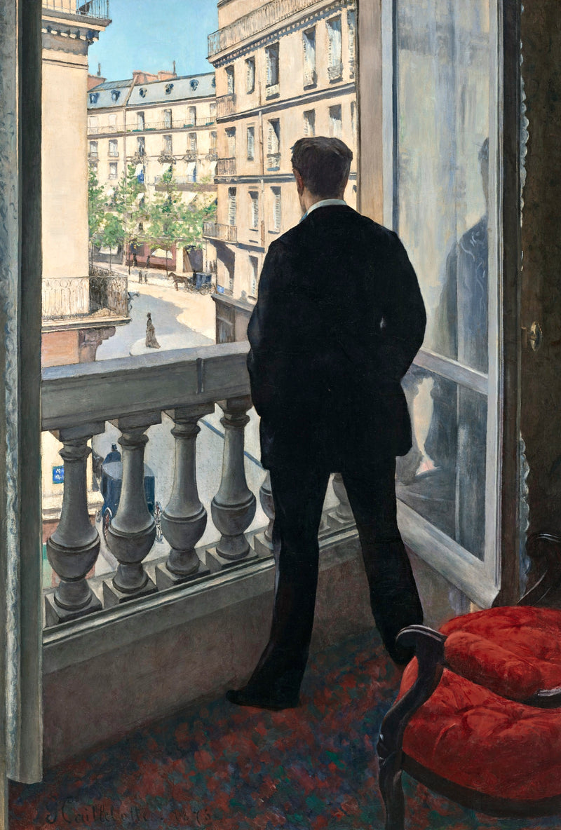 Young Man at His Window by Caillebotte: a man seen from behind at an open window, looking down at a sunny Paris boulevard