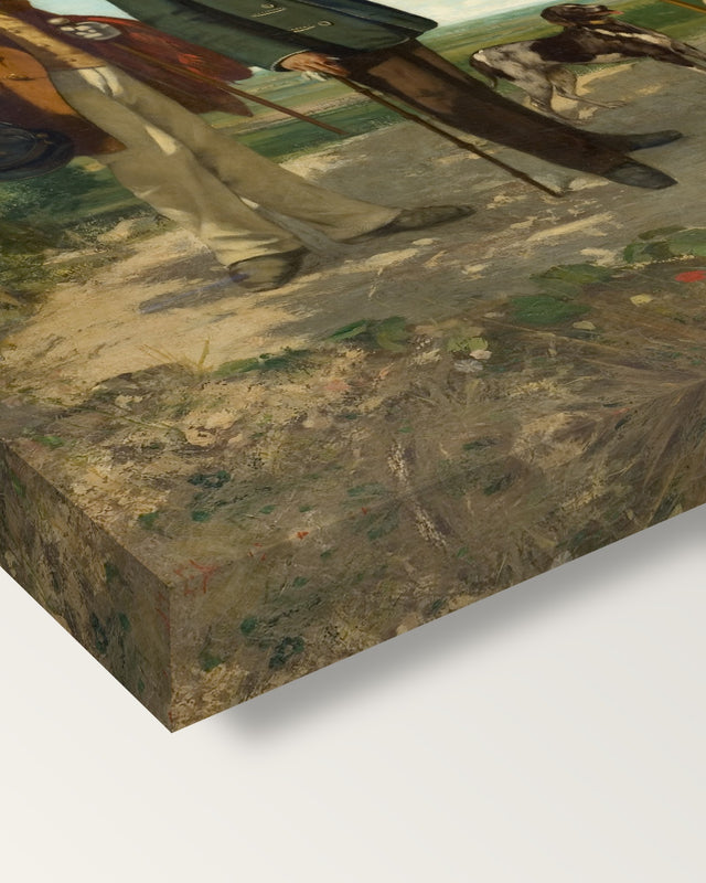 Bonjour Monsieur Courbet by Gustave Courbet on stretched canvas, corner close-up: the painting mirror-wrapped round the sides