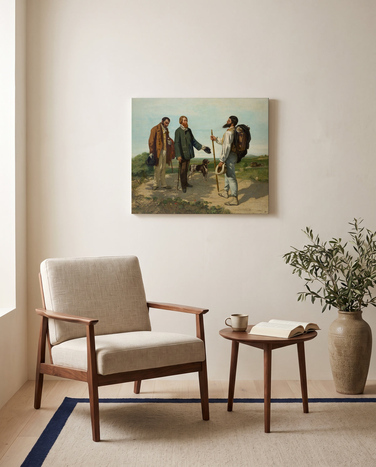 Bonjour Monsieur Courbet by Gustave Courbet as a stretched canvas above a linen lounge chair in a reading corner