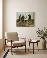Bonjour Monsieur Courbet by Gustave Courbet as a stretched canvas above a linen lounge chair in a reading corner