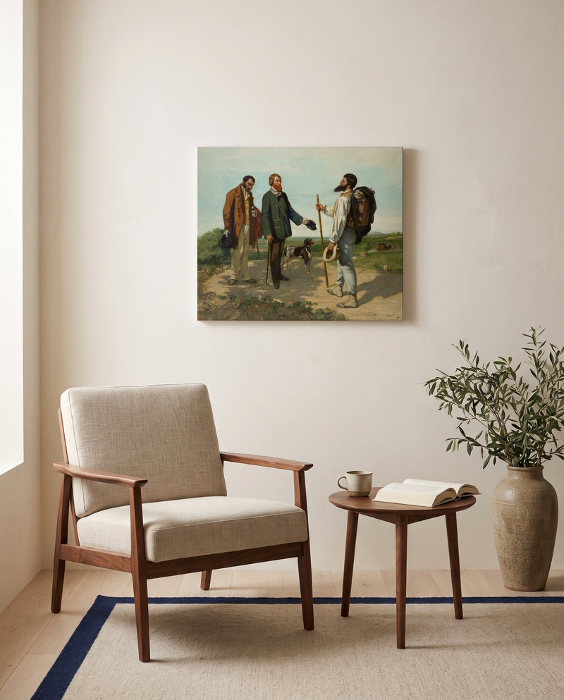 Bonjour Monsieur Courbet by Gustave Courbet as a stretched canvas above a linen lounge chair in a reading corner