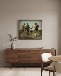 Bonjour Monsieur Courbet by Gustave Courbet in a black frame above a walnut sideboard in a dining room