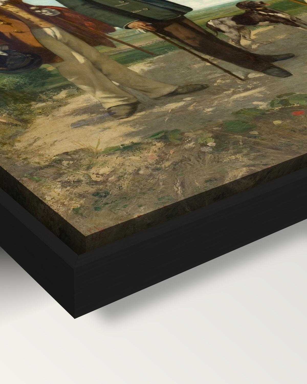Bonjour Monsieur Courbet by Courbet framed canvas, corner close-up: black floating frame, painted edge in the shadow gap