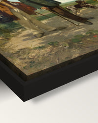 Bonjour Monsieur Courbet by Courbet framed canvas, corner close-up: black floating frame, painted edge in the shadow gap
