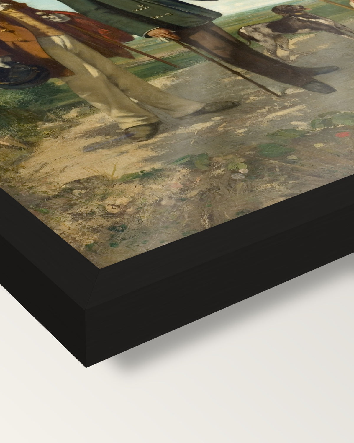 Bonjour Monsieur Courbet by Gustave Courbet framed print, corner close-up: black moulding, edge to edge, no mat