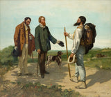 Bonjour Monsieur Courbet: a bearded painter with a pack greets two men in suits and a dog on a sunny country road