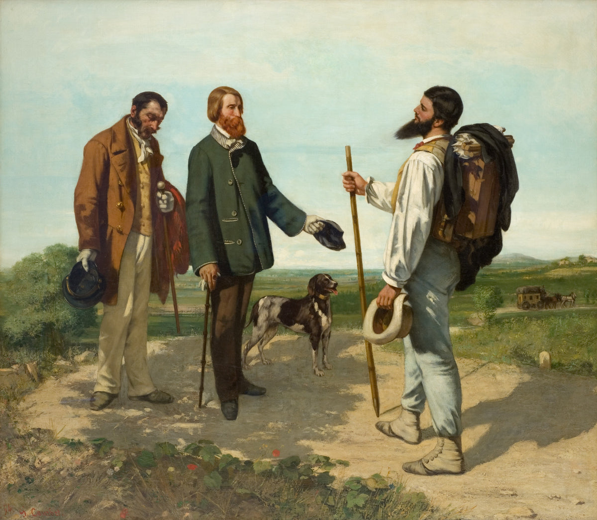 Bonjour Monsieur Courbet: a bearded painter with a pack greets two men in suits and a dog on a sunny country road