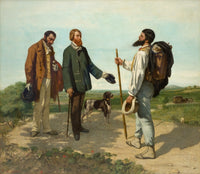 Bonjour Monsieur Courbet: a bearded painter with a pack greets two men in suits and a dog on a sunny country road